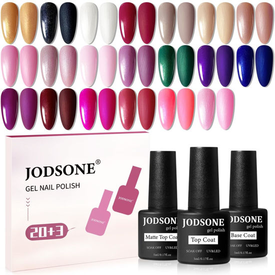 Picture of JODSONE 20 Glitter Color Gel Nail Polish Kit 3 Bottles of No Wipe Base Coat Glossy and Matte Top Coat Gel Polish Set High Shine Gorgeous