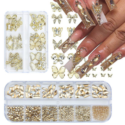 Picture of Gold Nail Rhinestones for Nails, Butterfly Nail Charms for Acrylic Nails Multi Shapes Crystal Flatback Nail Art Supplies 3D Alloy Nail Gems Nail Art Jewels Accesstones for Women Nail Decorations