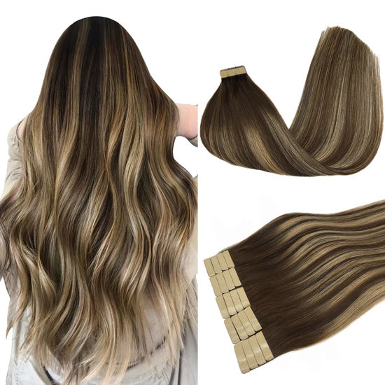 Picture of DOORES Tape in Hair Extensions Real Human Hair, Chocolate Brown to Honey Blonde 10 Inch 30g 20pcs, Hair Extensions Tape in Human Hair Remy Straight Hair Natural Hair