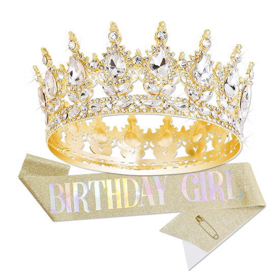 Picture of YOUlDIANZI Queen Crown Birthday Crowns for Women, Birthday Girl Sash, Birthday Tiara for Women Set, Princess Rhinestone Birthday Girl Headband Birthday Gifts for Women, Sweet Happy Accessories