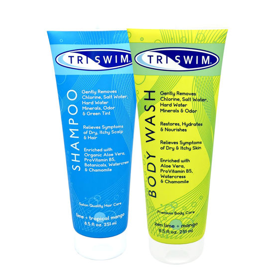 Picture of TRISWIM Chlorine Removal Body Wash & Swim Shampoo Set 8.5 fl oz Each | Complete Swim Care Kit with Aloe Vera, Pro-Vitamin B5, and Chamomile | Ideal for Hydrating Skin and Revitalizing Hair Post-Swim