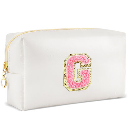 Picture of URSKYTOUS Initial Makeup Bag Personalized Preppy Travel Small Cosmetic Bag Cute PU White Chenille Letter Makeup Pouch for Purse Waterproof Zippered Toiletry Organizer for Women Girls Kids Friends (G)