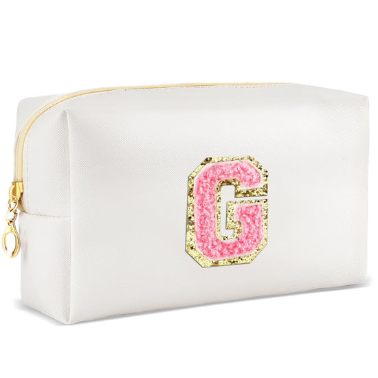 Picture of URSKYTOUS Initial Makeup Bag Personalized Preppy Travel Small Cosmetic Bag Cute PU White Chenille Letter Makeup Pouch for Purse Waterproof Zippered Toiletry Organizer for Women Girls Kids Friends (G)