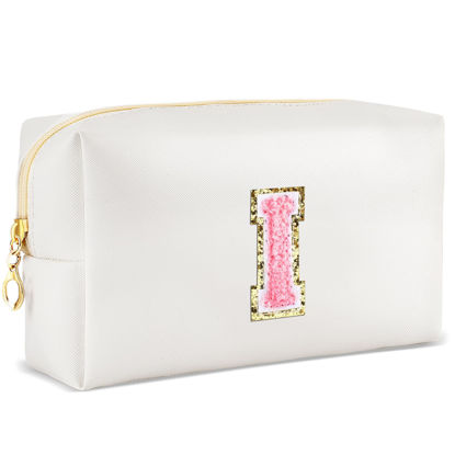 Picture of URSKYTOUS Initial Makeup Bag Personalized Preppy Travel Small Cosmetic Bag Cute PU White Chenille Letter Makeup Pouch for Purse Waterproof Zippered Toiletry Organizer for Women Girls Kids Friends (I)