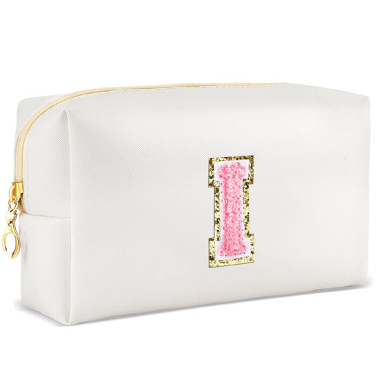 Picture of URSKYTOUS Initial Makeup Bag Personalized Preppy Travel Small Cosmetic Bag Cute PU White Chenille Letter Makeup Pouch for Purse Waterproof Zippered Toiletry Organizer for Women Girls Kids Friends (I)