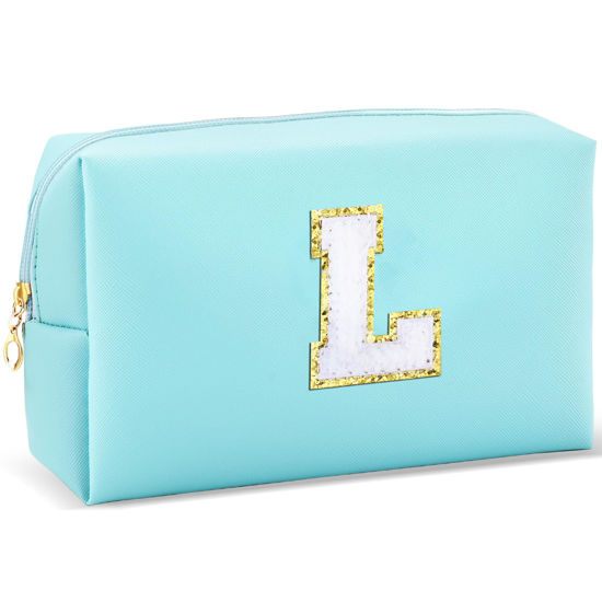 Picture of URSKYTOUS Gifts for Girls Initial Makeup Bag Personalized Cosmetic Bag with Zipper Cute Travel Toiletry Bag Waterproof PU Preppy Makeup Pouch Birthday Gift for Teen Girls Women(Blue L)