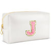 Picture of URSKYTOUS Initial Makeup Bag Personalized Preppy Travel Small Cosmetic Bag Cute PU White Chenille Letter Makeup Pouch for Purse Waterproof Zippered Toiletry Organizer for Women Girls Kids Friends (J)