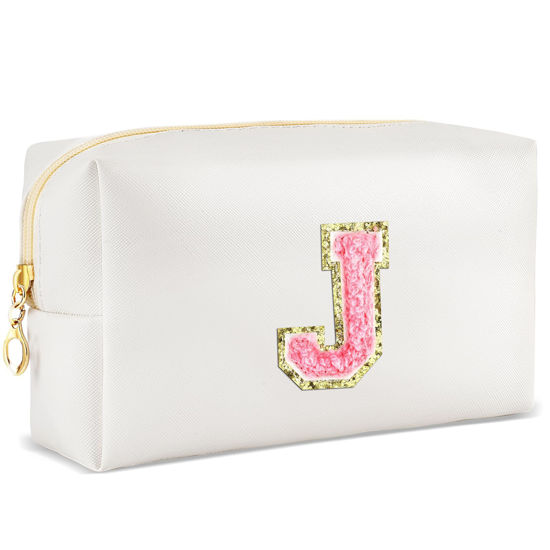 Picture of URSKYTOUS Initial Makeup Bag Personalized Preppy Travel Small Cosmetic Bag Cute PU White Chenille Letter Makeup Pouch for Purse Waterproof Zippered Toiletry Organizer for Women Girls Kids Friends (J)
