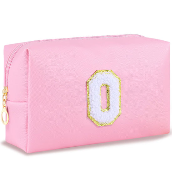 Picture of URSKYTOUS Initial Makeup Bag Personalized Preppy Travel Small Cosmetic Bag Cute PU Pink Chenille Letter Makeup Pouch for Purse Waterproof Zippered Toiletry Organizer for Women Girls Kids Friends (O)