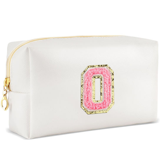 Picture of URSKYTOUS Initial Makeup Bag Personalized Preppy Travel Small Cosmetic Bag Cute PU White Chenille Letter Makeup Pouch for Purse Waterproof Zippered Toiletry Organizer for Women Girls Kids Friends (O)