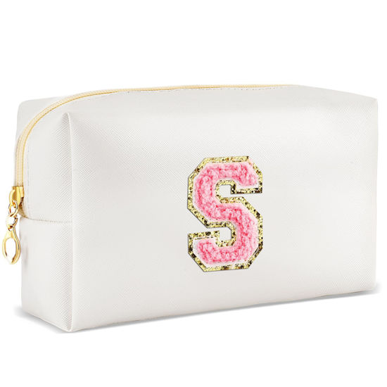 Picture of URSKYTOUS Initial Makeup Bag Personalized Preppy Travel Small Cosmetic Bag Cute PU White Chenille Letter Makeup Pouch for Purse Waterproof Zippered Toiletry Organizer for Women Girls Kids Friends (S)