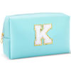 Picture of URSKYTOUS Gifts for Girls Initial Makeup Bag Personalized Cosmetic Bag with Zipper Cute Travel Toiletry Bag Waterproof PU Preppy Makeup Pouch Birthday Gift for Teen Girls Women(Blue K)