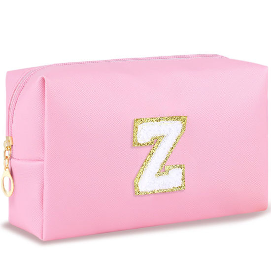 Picture of URSKYTOUS Initial Makeup Bag Personalized Preppy Travel Small Cosmetic Bag Cute PU Pink Chenille Letter Makeup Pouch for Purse Waterproof Zippered Toiletry Organizer for Women Girls Kids Friends (Z)