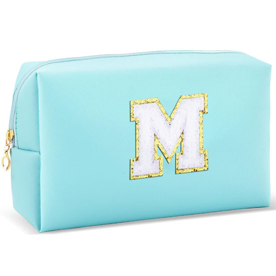 Picture of URSKYTOUS Gifts for Girls Initial Makeup Bag Personalized Cosmetic Bag with Zipper Cute Travel Toiletry Bag Waterproof PU Preppy Makeup Pouch Birthday Gift for Teen Girls Women(Blue M)