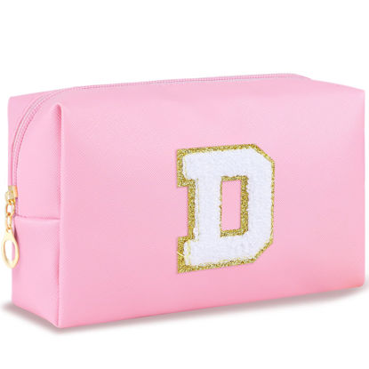 Picture of URSKYTOUS Initial Makeup Bag Personalized Preppy Travel Small PU Cosmetic Bag Pink Makeup Pouch Zipper Toiletry Organizer for Women Girls Mom Friend Bridesmaid Teacher Sister Prom Christmas Gift（D）