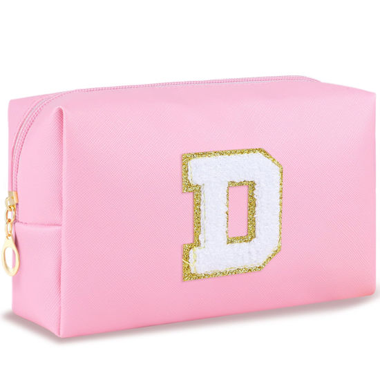 Picture of URSKYTOUS Initial Makeup Bag Personalized Preppy Travel Small PU Cosmetic Bag Pink Makeup Pouch Zipper Toiletry Organizer for Women Girls Mom Friend Bridesmaid Teacher Sister Prom Christmas Gift（D）