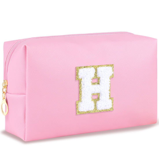 Picture of URSKYTOUS Initial Makeup Bag Personalized Preppy Travel Small Cosmetic Bag Cute PU Pink Chenille Letter Makeup Pouch for Purse Waterproof Zippered Toiletry Organizer for Women Girls Kids Friends (H)