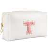 Picture of URSKYTOUS Initial Makeup Bag Personalized Preppy Travel Small Cosmetic Bag Cute PU White Chenille Letter Makeup Pouch for Purse Waterproof Zippered Toiletry Organizer for Women Girls Kids Friends (T)