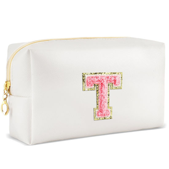 Picture of URSKYTOUS Initial Makeup Bag Personalized Preppy Travel Small Cosmetic Bag Cute PU White Chenille Letter Makeup Pouch for Purse Waterproof Zippered Toiletry Organizer for Women Girls Kids Friends (T)