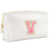 Picture of URSKYTOUS Initial Makeup Bag Personalized Preppy Travel Small Cosmetic Bag Cute PU White Chenille Letter Makeup Pouch for Purse Waterproof Zippered Toiletry Organizer for Women Girls Kids Friends (V)