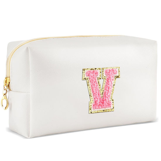 Picture of URSKYTOUS Initial Makeup Bag Personalized Preppy Travel Small Cosmetic Bag Cute PU White Chenille Letter Makeup Pouch for Purse Waterproof Zippered Toiletry Organizer for Women Girls Kids Friends (V)