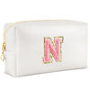 Picture of URSKYTOUS Initial Makeup Bag Personalized Preppy Travel Small Cosmetic Bag Cute PU White Chenille Letter Makeup Pouch for Purse Waterproof Zippered Toiletry Organizer for Women Girl Kid Friends(N)