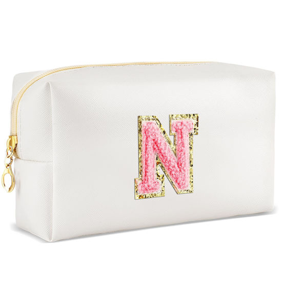 Picture of URSKYTOUS Initial Makeup Bag Personalized Preppy Travel Small Cosmetic Bag Cute PU White Chenille Letter Makeup Pouch for Purse Waterproof Zippered Toiletry Organizer for Women Girl Kid Friends(N)