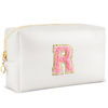 Picture of URSKYTOUS Initial Makeup Bag Personalized Preppy Travel Small Cosmetic Bag Cute PU White Chenille Letter Makeup Pouch for Purse Waterproof Zippered Toiletry Organizer for Women Girls Kids Friends (R)