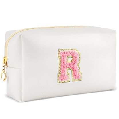 Picture of URSKYTOUS Initial Makeup Bag Personalized Preppy Travel Small Cosmetic Bag Cute PU White Chenille Letter Makeup Pouch for Purse Waterproof Zippered Toiletry Organizer for Women Girls Kids Friends (R)