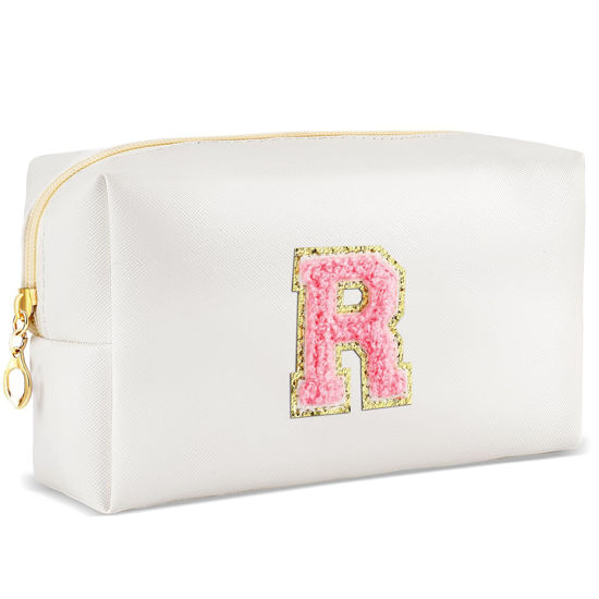 Picture of URSKYTOUS Initial Makeup Bag Personalized Preppy Travel Small Cosmetic Bag Cute PU White Chenille Letter Makeup Pouch for Purse Waterproof Zippered Toiletry Organizer for Women Girls Kids Friends (R)