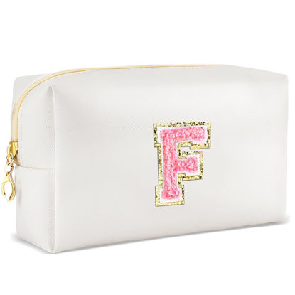 Picture of URSKYTOUS Initial Makeup Bag Personalized Preppy Travel Small Cosmetic Bag Cute PU White Chenille Letter Makeup Pouch for Purse Waterproof Zippered Toiletry Organizer for Women Girls Kids Friends (F)
