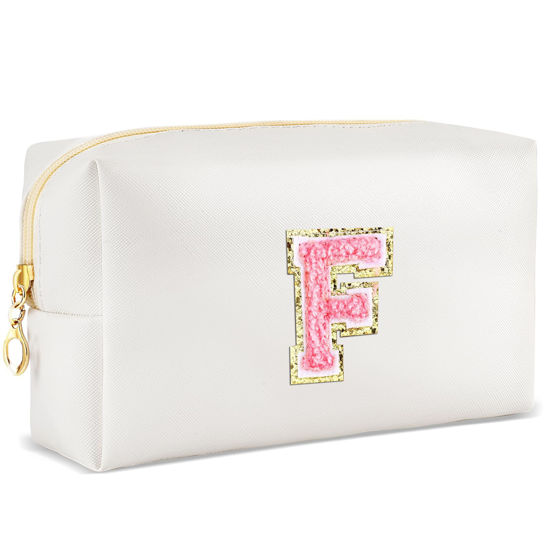 Picture of URSKYTOUS Initial Makeup Bag Personalized Preppy Travel Small Cosmetic Bag Cute PU White Chenille Letter Makeup Pouch for Purse Waterproof Zippered Toiletry Organizer for Women Girls Kids Friends (F)