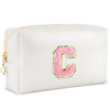 Picture of URSKYTOUS Initial Makeup Bag Personalized Preppy Travel Small Cosmetic Bag Cute PU White Chenille Letter Makeup Pouch for Purse Waterproof Zippered Toiletry Organizer for Women Girl Kid Friends(C)
