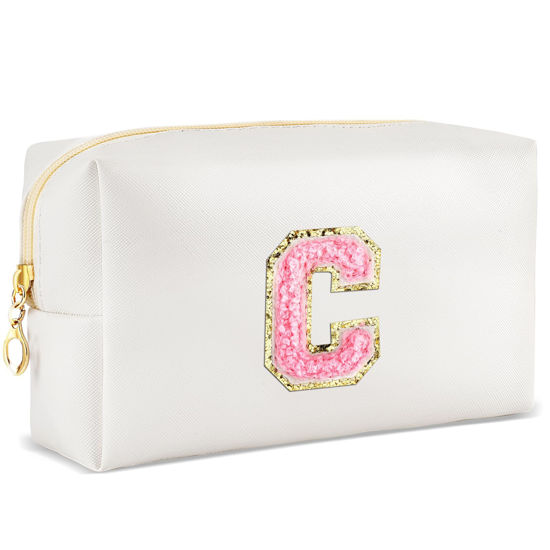 Picture of URSKYTOUS Initial Makeup Bag Personalized Preppy Travel Small Cosmetic Bag Cute PU White Chenille Letter Makeup Pouch for Purse Waterproof Zippered Toiletry Organizer for Women Girl Kid Friends(C)