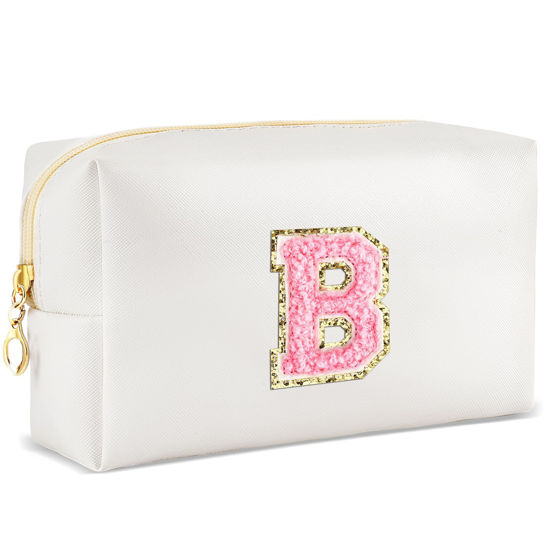 Picture of URSKYTOUS Initial Makeup Bag Personalized Preppy Travel Small Cosmetic Bag Cute PU White Chenille Letter Makeup Pouch for Purse Waterproof Zippered Toiletry Organizer for Women Girls Kids Friends (B)