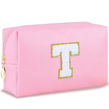 Picture of URSKYTOUS Initial Preppy Makeup Bag for Women Teen Girls Travel Small Cosmetic Bag Cute Pink Personalized Preppy Makeup Pouch Zippered Toiletry Bag Organizer PU Leather Aesthetic Makeup Bag（T）