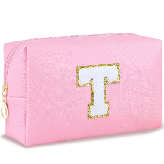 Picture of URSKYTOUS Initial Preppy Makeup Bag for Women Teen Girls Travel Small Cosmetic Bag Cute Pink Personalized Preppy Makeup Pouch Zippered Toiletry Bag Organizer PU Leather Aesthetic Makeup Bag（T）