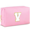 Picture of URSKYTOUS Initial Makeup Bag Personalized Preppy Travel Small Cosmetic Bag Cute PU Pink Chenille Letter Makeup Pouch for Purse Waterproof Zippered Toiletry Organizer for Women Girls Kids Friends (V)