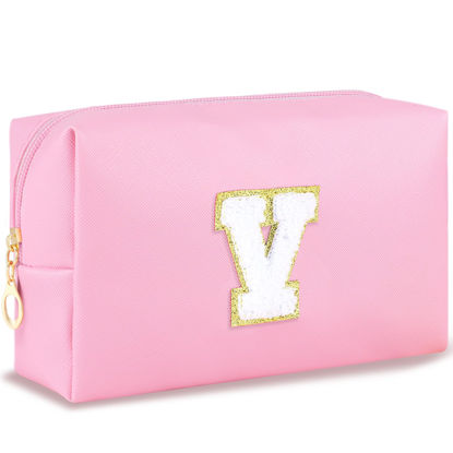 Picture of URSKYTOUS Initial Makeup Bag Personalized Preppy Travel Small Cosmetic Bag Cute PU Pink Chenille Letter Makeup Pouch for Purse Waterproof Zippered Toiletry Organizer for Women Girls Kids Friends (V)
