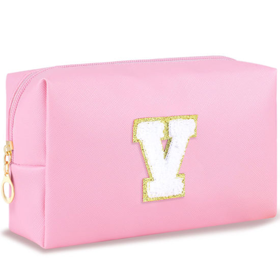 Picture of URSKYTOUS Initial Makeup Bag Personalized Preppy Travel Small Cosmetic Bag Cute PU Pink Chenille Letter Makeup Pouch for Purse Waterproof Zippered Toiletry Organizer for Women Girls Kids Friends (V)