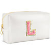 Picture of URSKYTOUS Initial Makeup Bag Personalized Preppy Travel Small Cosmetic Bag Cute PU White Chenille Letter Makeup Pouch for Purse Waterproof Zippered Toiletry Organizer for Women Girls Kids Friends (L)