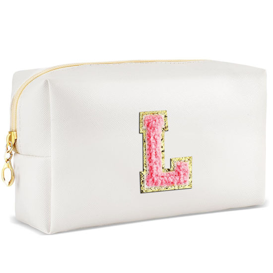 Picture of URSKYTOUS Initial Makeup Bag Personalized Preppy Travel Small Cosmetic Bag Cute PU White Chenille Letter Makeup Pouch for Purse Waterproof Zippered Toiletry Organizer for Women Girls Kids Friends (L)