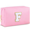 Picture of URSKYTOUS Initial Makeup Bag Personalized Preppy Travel Small Cosmetic Bag Cute PU Pink Chenille Letter Makeup Pouch for Purse Waterproof Zippered Toiletry Organizer for Women Girls Kids Friends (F)