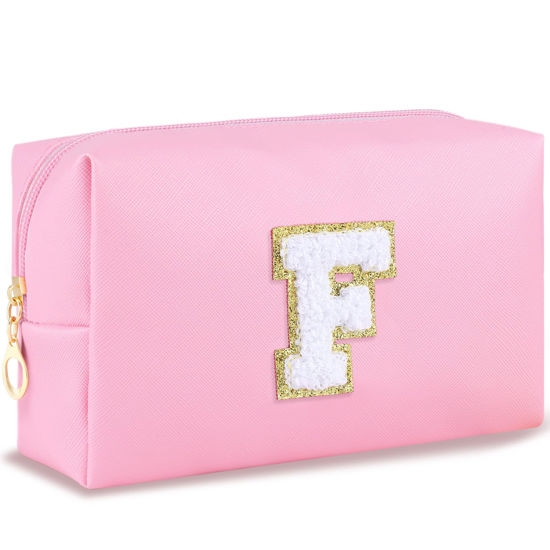 Picture of URSKYTOUS Initial Makeup Bag Personalized Preppy Travel Small Cosmetic Bag Cute PU Pink Chenille Letter Makeup Pouch for Purse Waterproof Zippered Toiletry Organizer for Women Girls Kids Friends (F)