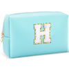 Picture of URSKYTOUS Gifts for Girls Initial Makeup Bag Personalized Cosmetic Bag with Zipper Cute Travel Toiletry Bag Waterproof PU Preppy Makeup Pouch Birthday Gift for Teen Girls Women(Blue H)