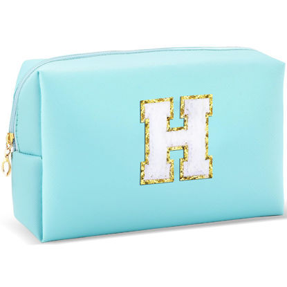 Picture of URSKYTOUS Gifts for Girls Initial Makeup Bag Personalized Cosmetic Bag with Zipper Cute Travel Toiletry Bag Waterproof PU Preppy Makeup Pouch Birthday Gift for Teen Girls Women(Blue H)