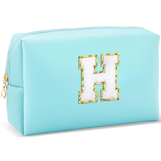 Picture of URSKYTOUS Gifts for Girls Initial Makeup Bag Personalized Cosmetic Bag with Zipper Cute Travel Toiletry Bag Waterproof PU Preppy Makeup Pouch Birthday Gift for Teen Girls Women(Blue H)