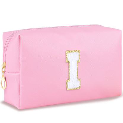 Picture of URSKYTOUS Initial Makeup Bag Personalized Preppy Travel Small Cosmetic Bag Cute PU Pink Chenille Letter Makeup Pouch for Purse Waterproof Zippered Toiletry Organizer for Women Girls Kids Friends (I)