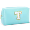 Picture of URSKYTOUS Gifts for Girls Initial Makeup Bag Personalized Cosmetic Bag with Zipper Cute Travel Toiletry Bag Waterproof PU Preppy Makeup Pouch Birthday Gift for Teen Girls Women(Blue T)