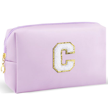 Picture of URSKYTOUS Gifts for Girls Initial Makeup Bag Personalized Cosmetic Bag with Zipper Cute Travel Toiletry Bag Waterproof PU Preppy Makeup Pouch Birthday Gift for Teen Girls Women(Purple C)